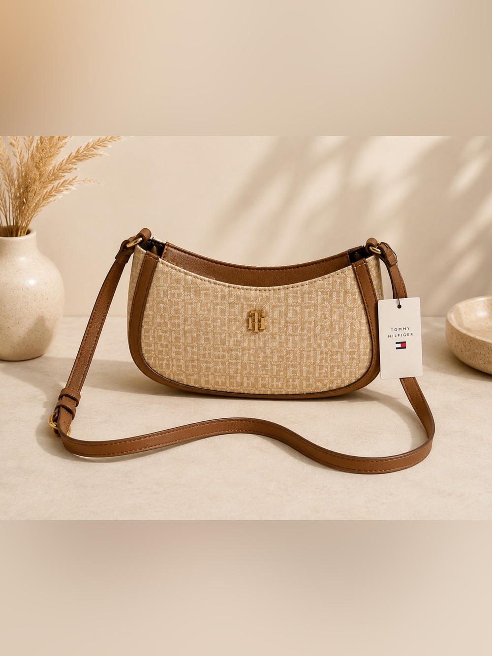 Tommy Hilfiger Beige & Brown Monogram Shoulder Crossbody